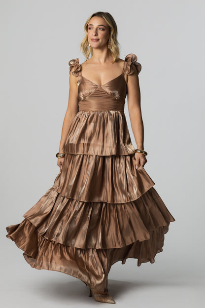 Ruffled Strap Tiered Shiny Maxi Dress – Champagne