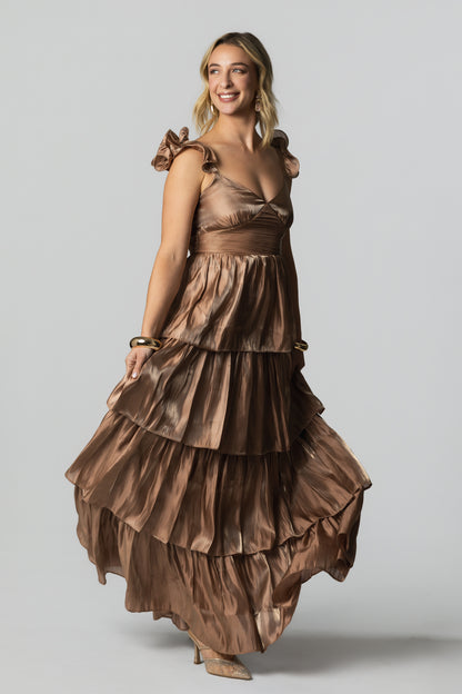 Ruffled Strap Tiered Shiny Maxi Dress – Champagne