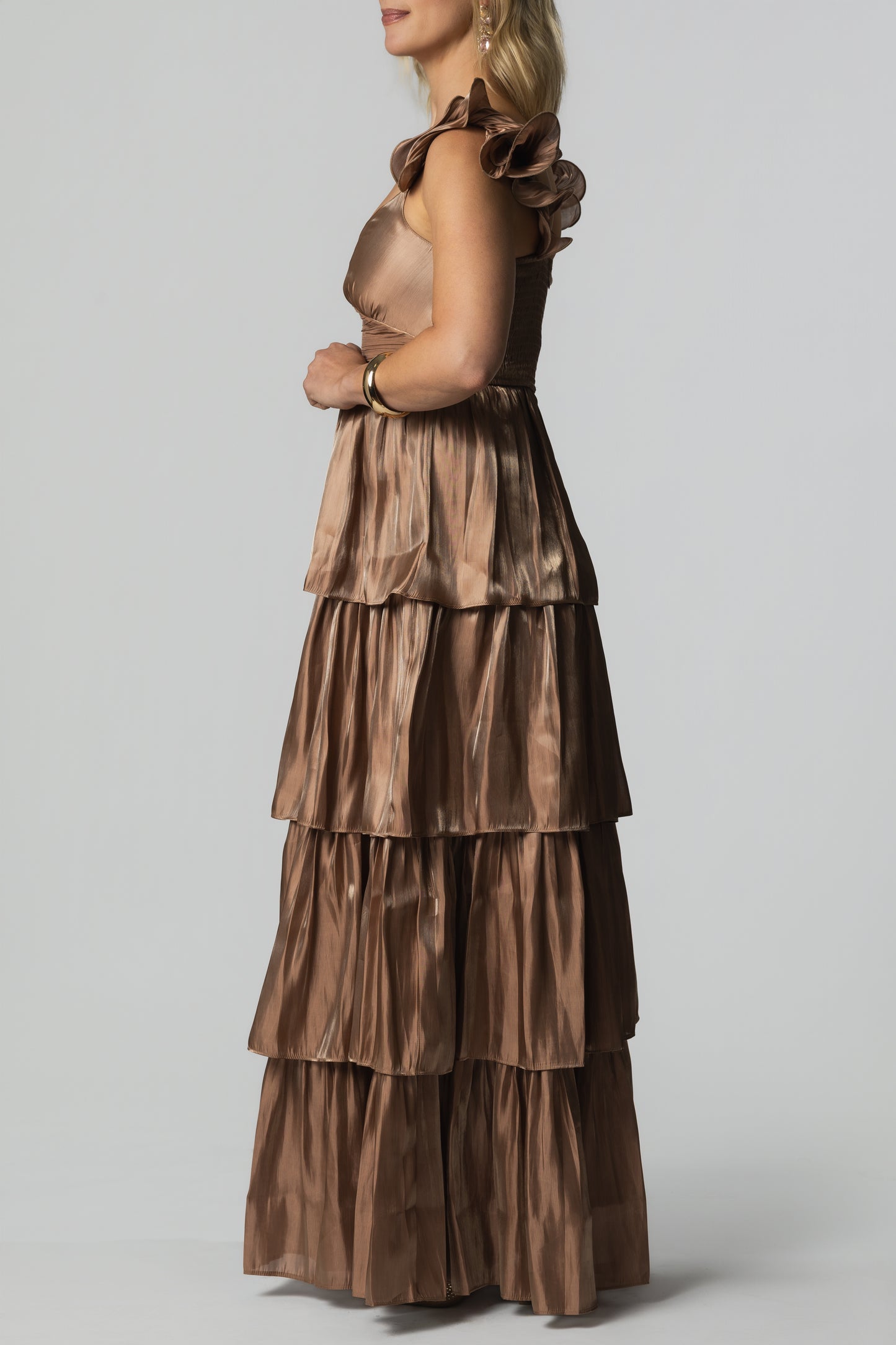 Ruffled Strap Tiered Shiny Maxi Dress – Champagne