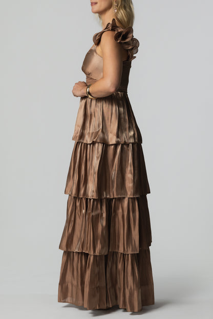 Ruffled Strap Tiered Shiny Maxi Dress – Champagne