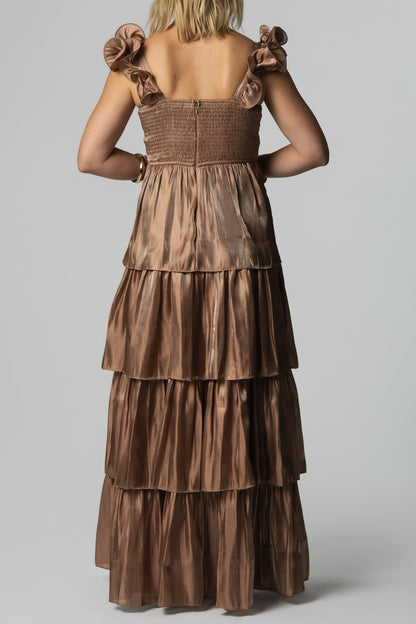 Ruffled Strap Tiered Shiny Maxi Dress – Champagne