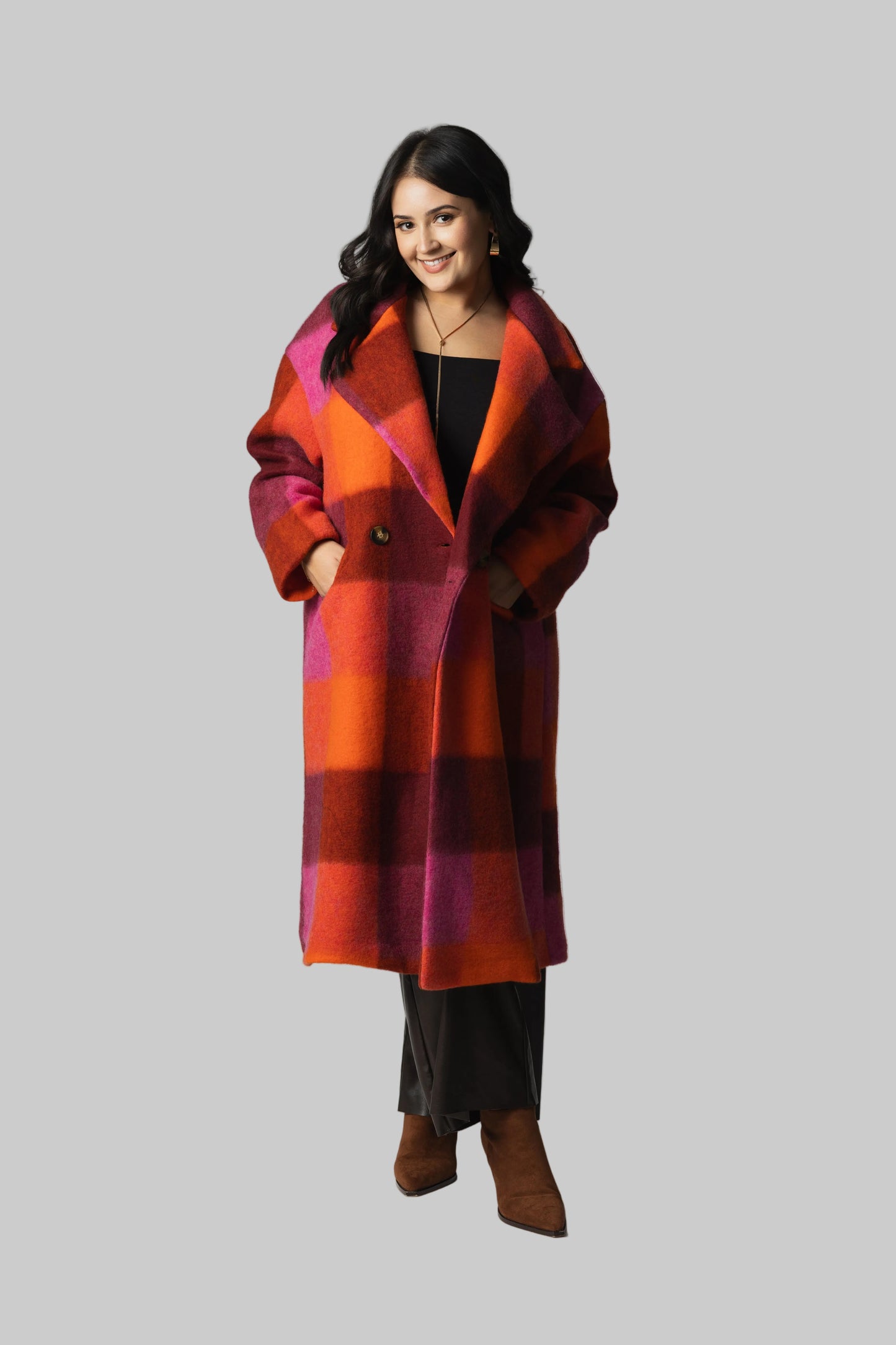 Plaid Coat – Orange/Berry Check - Soleil et étoiles