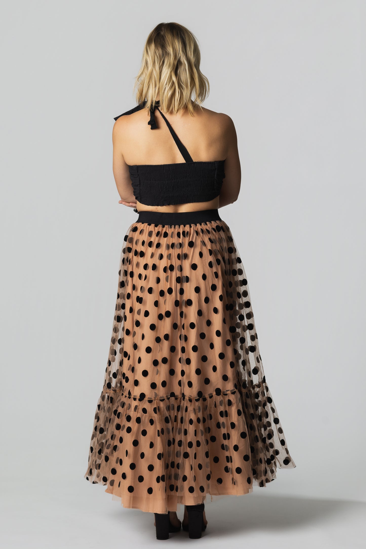 Polka Dot Tulle Tiered Maxi Skirt– Nude/Black