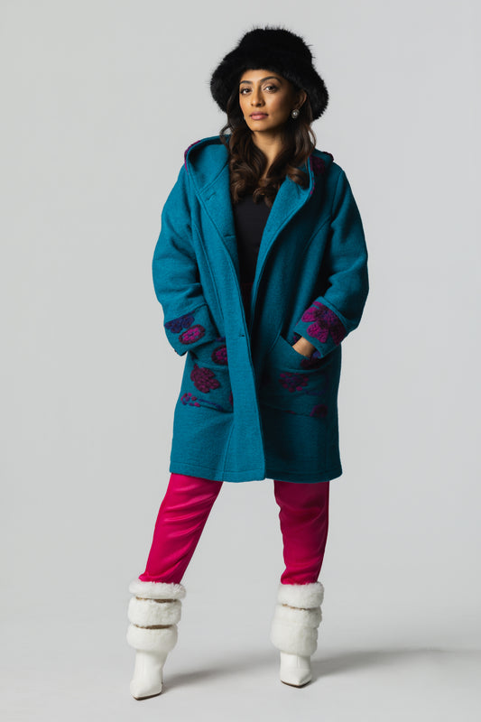 Embroidered Wool-Blend Hooded Coat