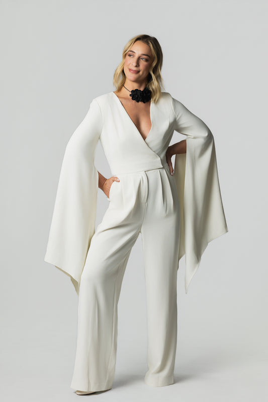 Fly-Away Open-Sleeve V-Neck Wide-Leg Jumpsuit – Ivory