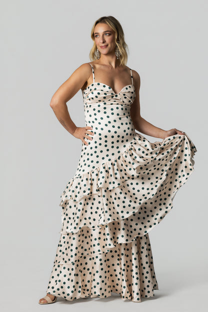 Satin Polka Dot Tiered Ruffle Maxi Dress – Ivory/Green