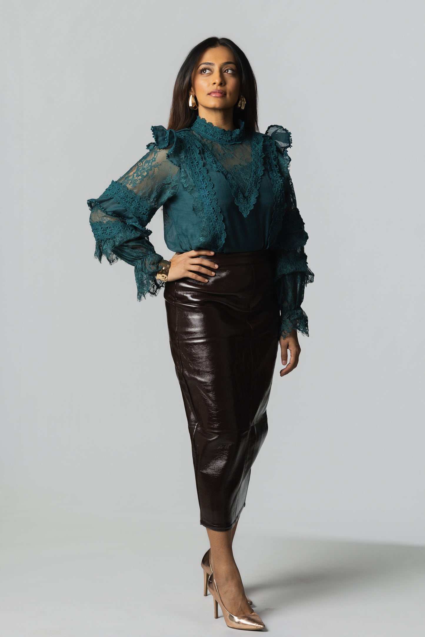 Floral Lace High-Neck Ruffle-Sleeve Blouse – Teal