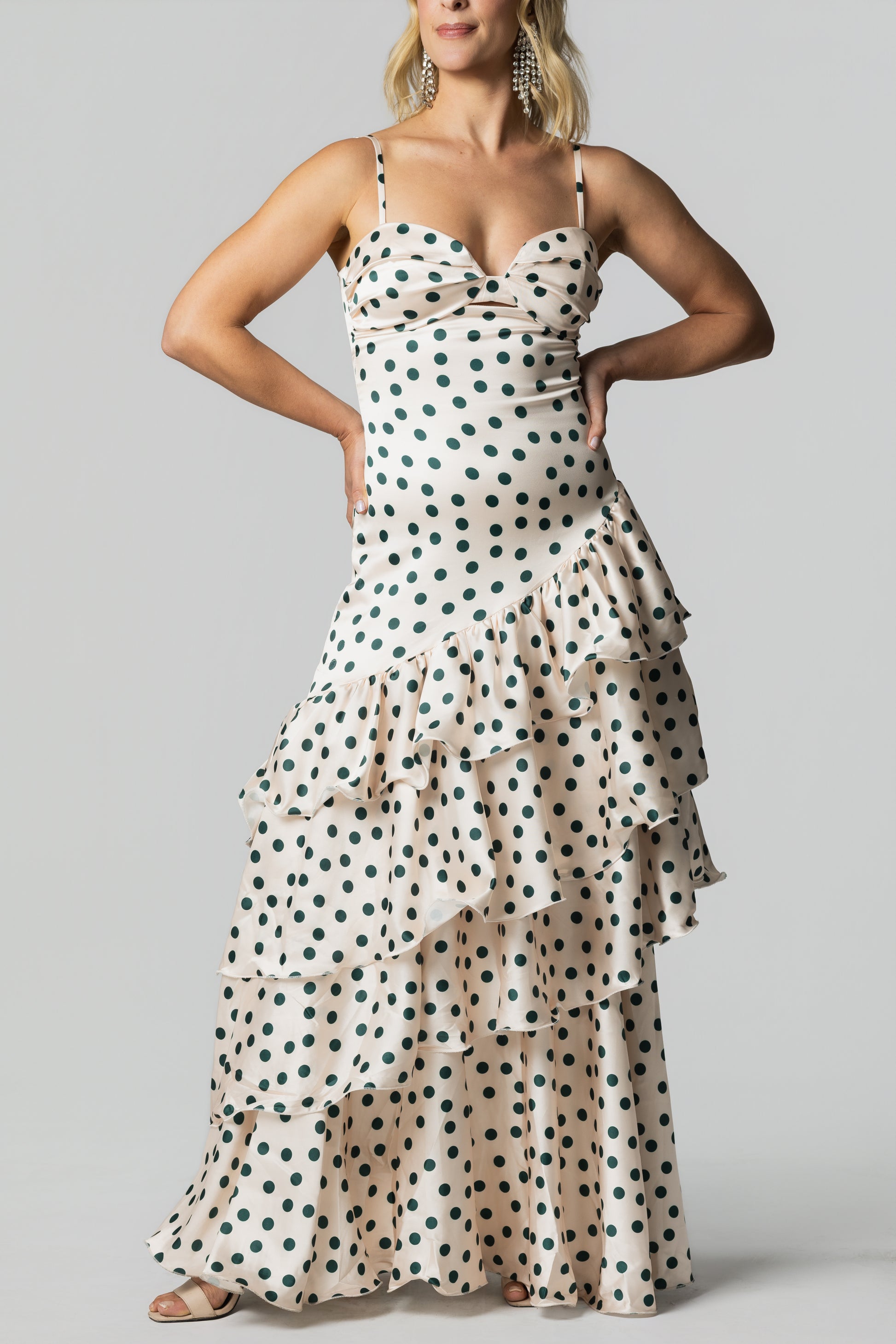 Satin Polka DOT Tiered Ruffle Maxi Dress Ivory/Green CREAM/GREEN DOT / M Satin Polka DOT Tiered Ruffle Maxi Dress Ivory/Green CREAM/GREEN DOT / M