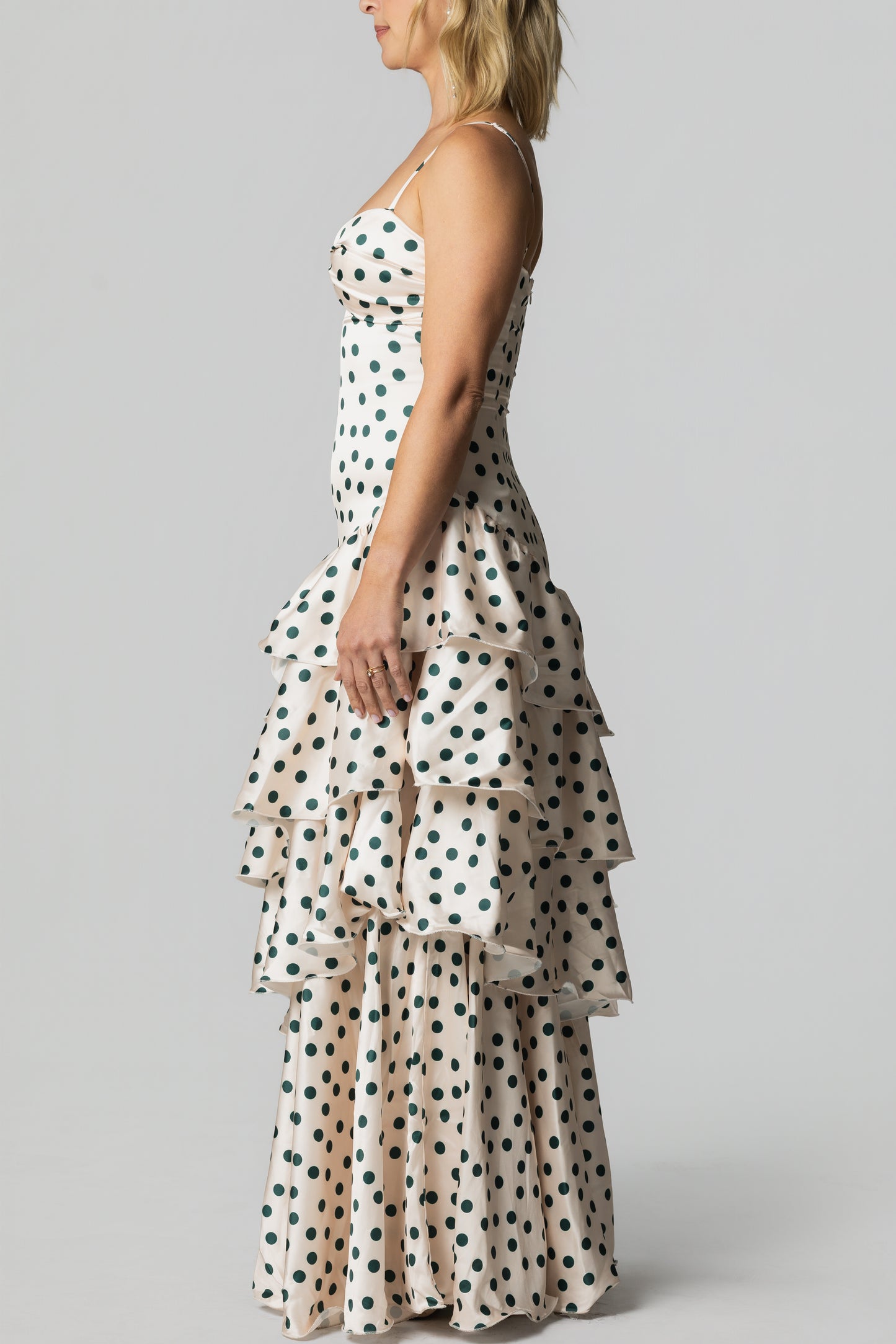 Satin Polka Dot Tiered Ruffle Maxi Dress – Ivory/Green