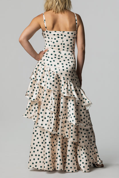 Satin Polka Dot Tiered Ruffle Maxi Dress – Ivory/Green