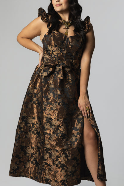 Floral Jacquard Corset-Style Midi Dress – Bronze/Black
