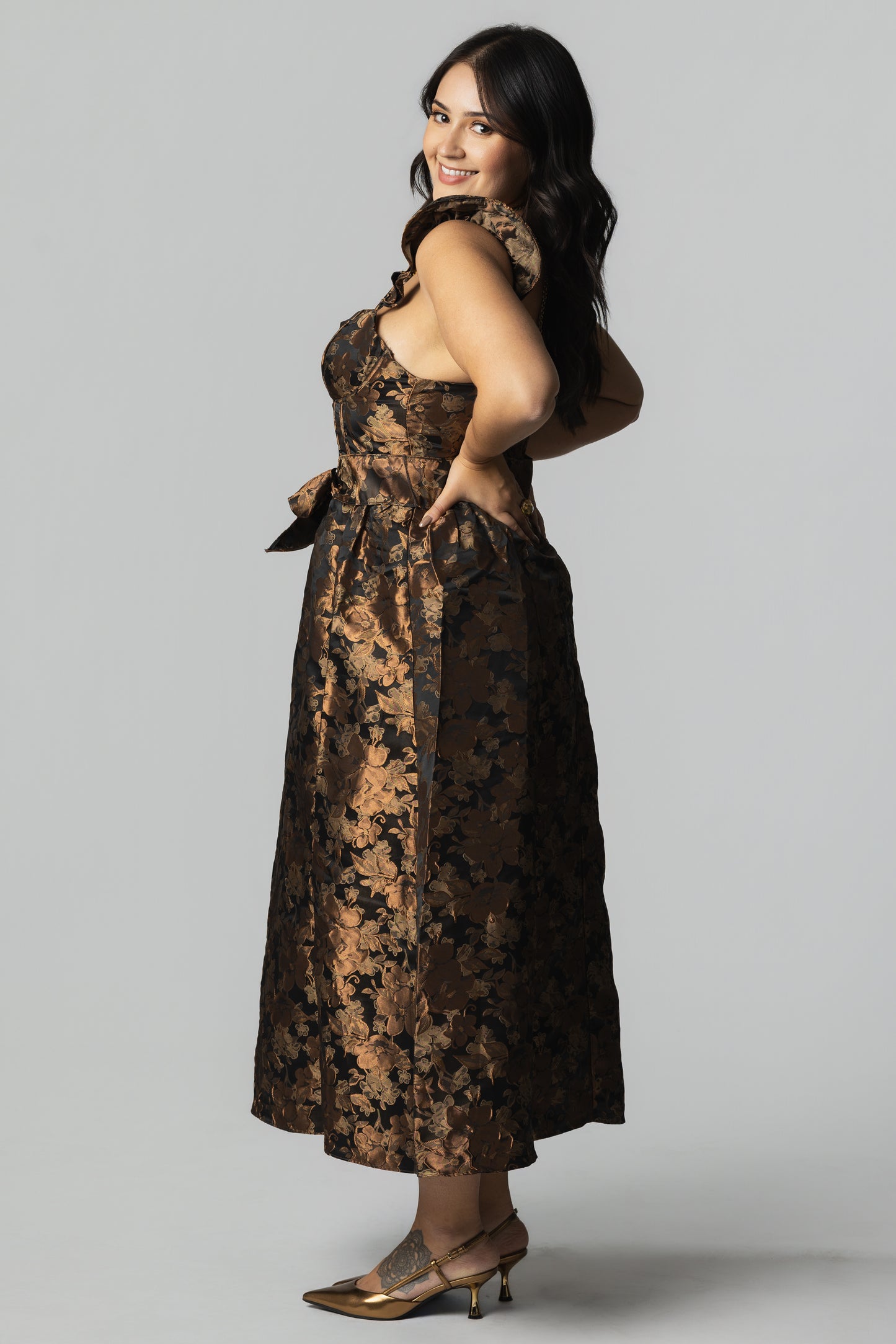 Floral Jacquard Corset-Style Midi Dress – Bronze/Black