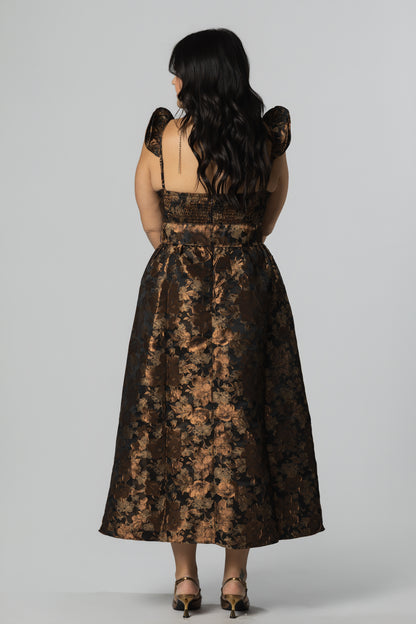 Floral Jacquard Corset-Style Midi Dress – Bronze/Black