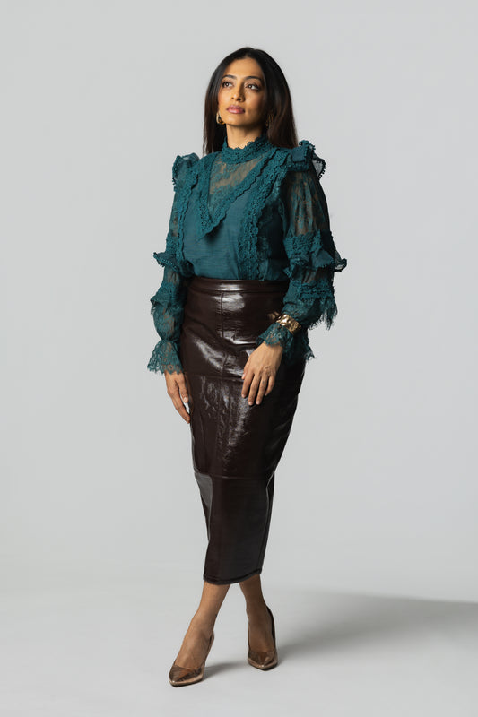 Floral Lace High-Neck Ruffle-Sleeve Blouse – Teal