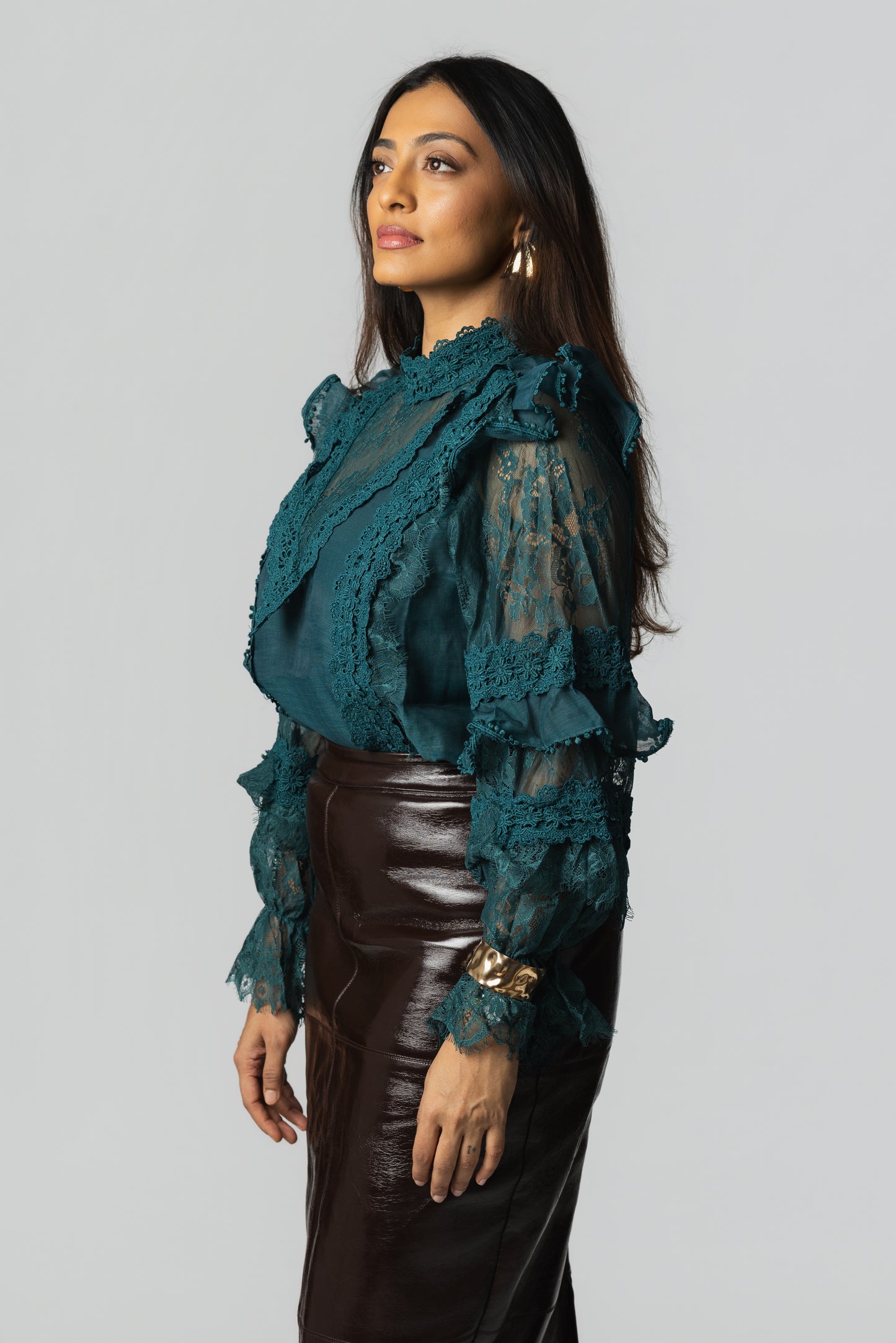 Floral Lace High-Neck Ruffle-Sleeve Blouse – Teal