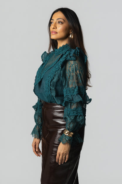 Floral Lace High-Neck Ruffle-Sleeve Blouse – Teal