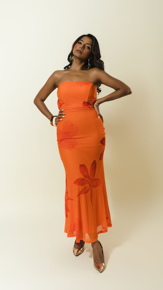 Strapless Bandeau Floral Midi Dress