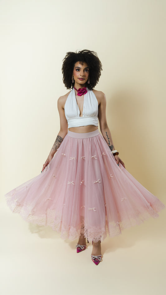 Sheer Lace Trim Maxi Skirt with bow detail