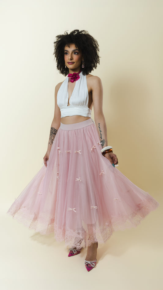 Sheer Lace Trim Maxi Skirt with bow detail