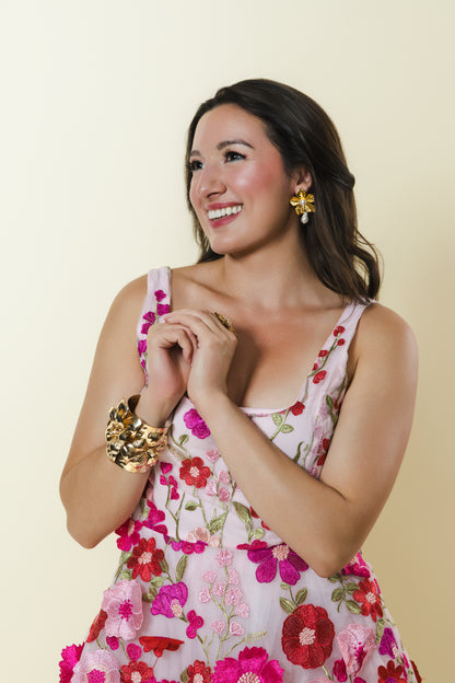 Flower Pearl Huggie Hoop Earrings