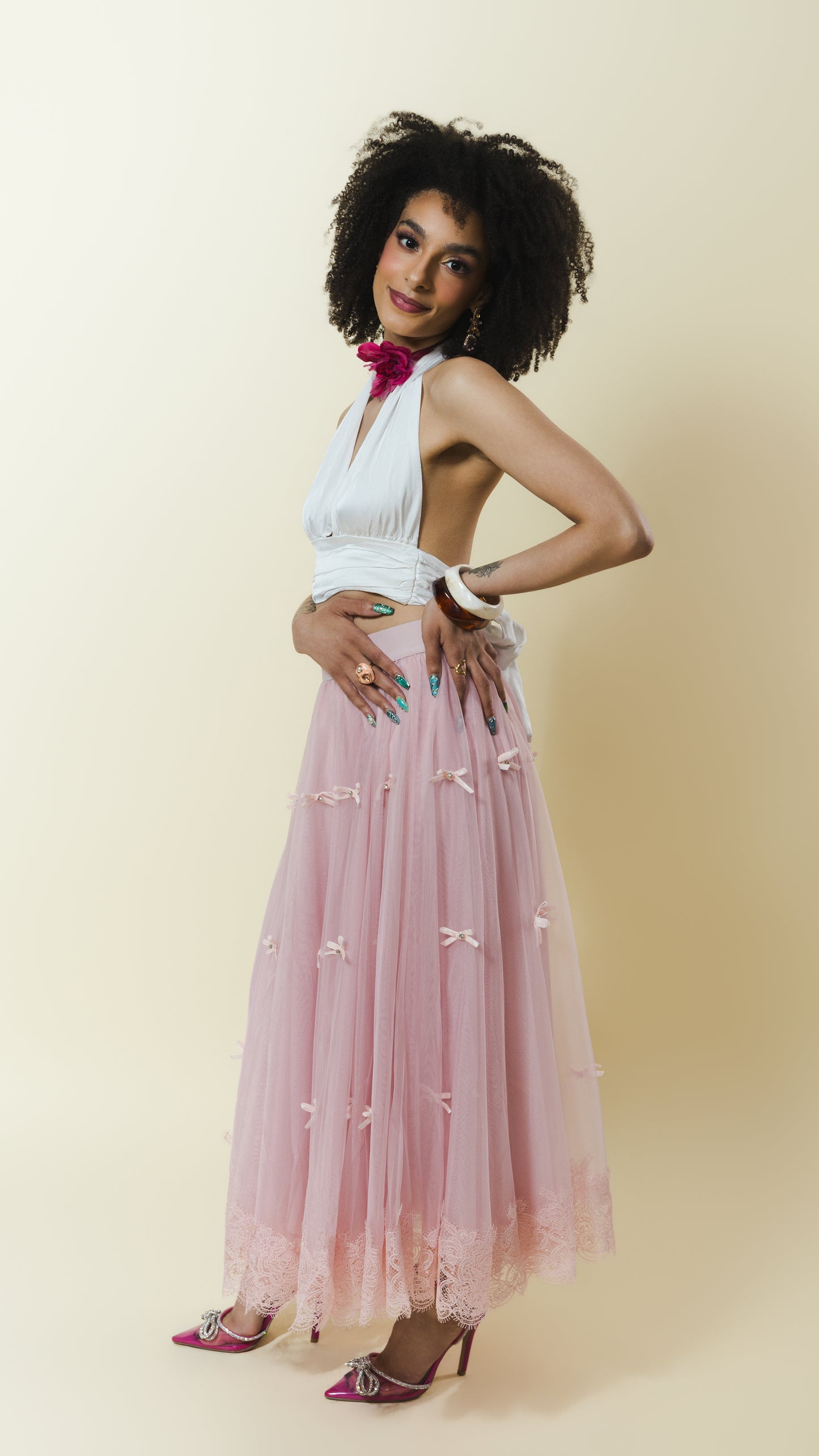 Sheer Lace Trim Maxi Skirt with bow detail