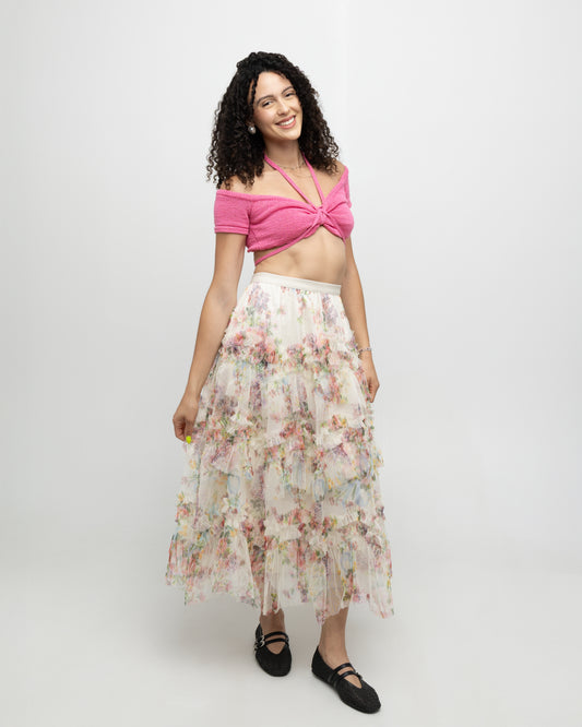 Colorful Floral Mesh Skirt with Irregular Stitching - Soleil et étoiles