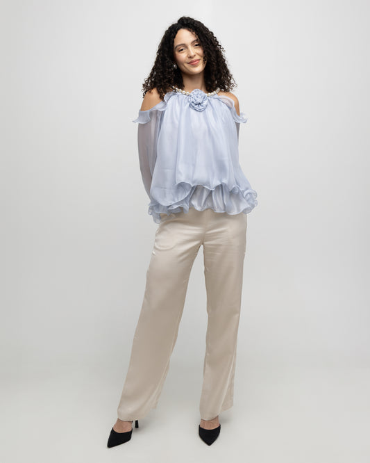 Off-Shoulder Pearl Accent Organza Ruffle Blouse - Soleil et étoiles