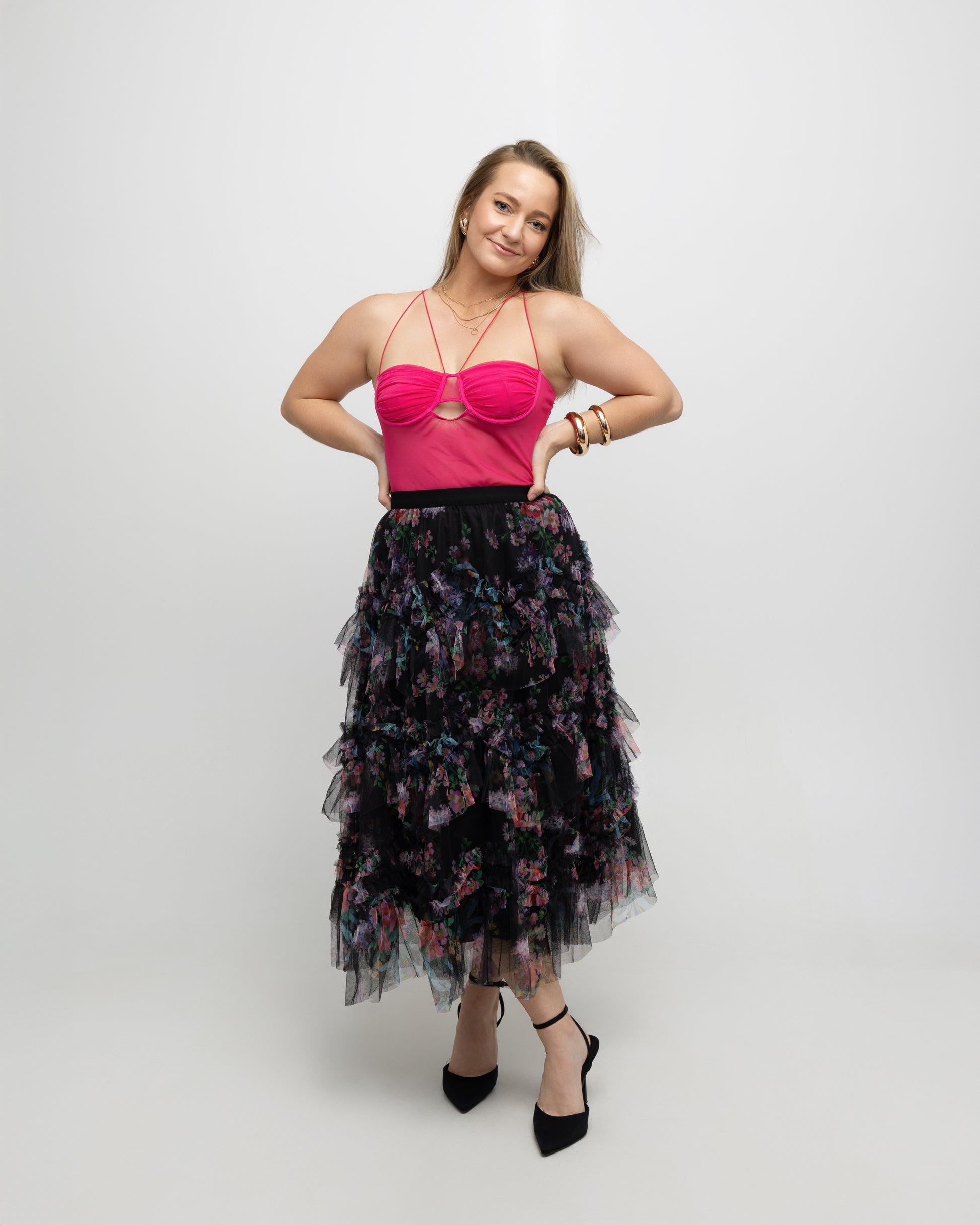 Colorful Floral Mesh Skirt with Irregular Stitching - Soleil et étoiles