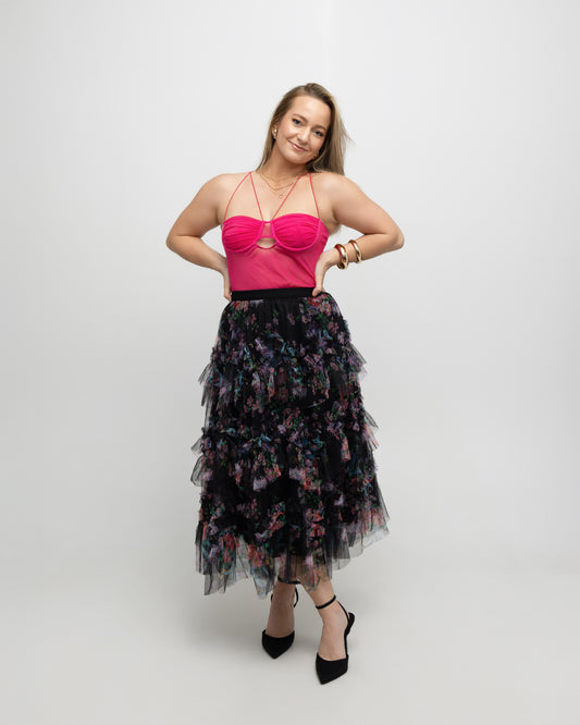 Colorful Floral Mesh Skirt with Irregular Stitching - Soleil et étoiles