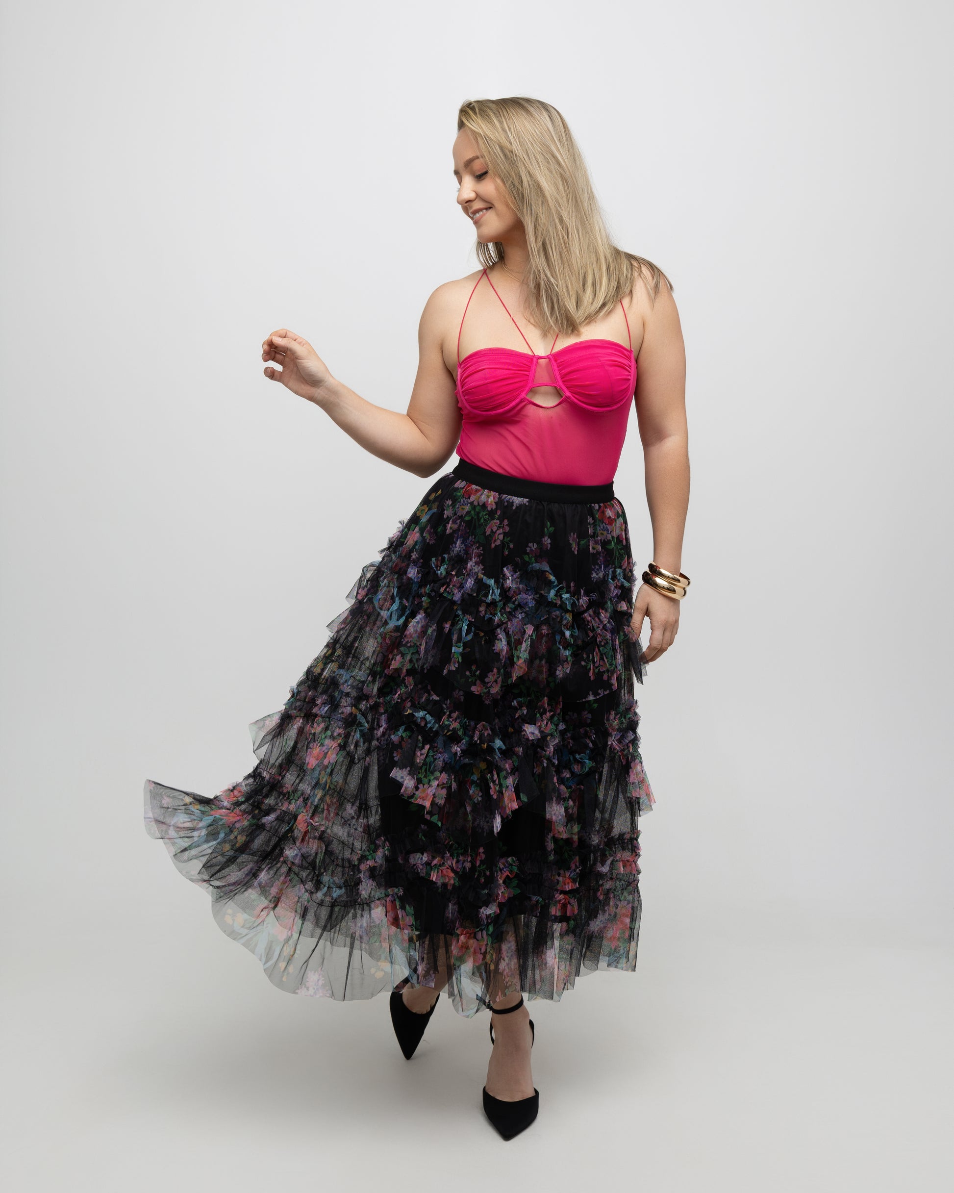 Colorful Floral Mesh Skirt with Irregular Stitching - Soleil et étoiles