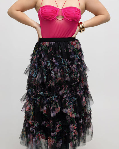 Colorful Floral Mesh Skirt with Irregular Stitching - Soleil et étoiles