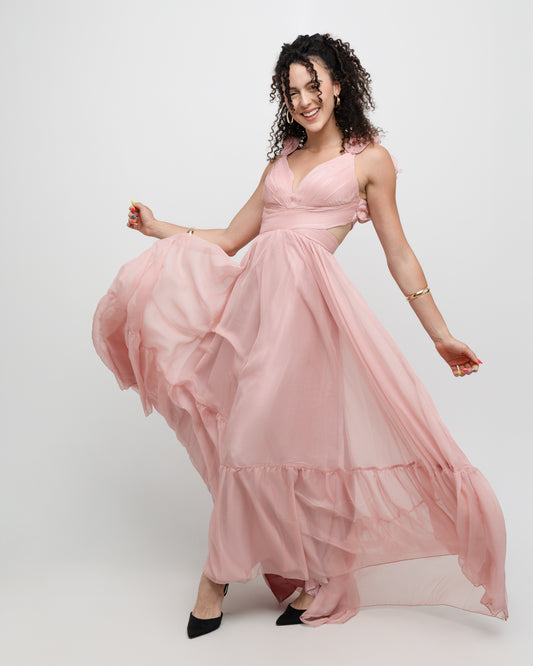 Chiffon Ruffle Shoulder V Neck Maxi Dress - Soleil et étoiles