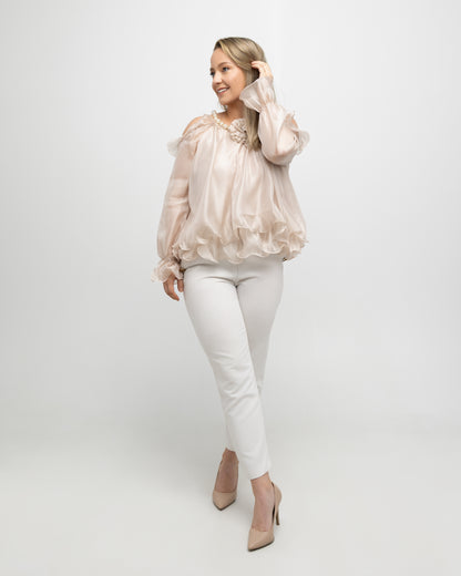 Off-Shoulder Pearl Accent Organza Ruffle Blouse - Soleil et étoiles