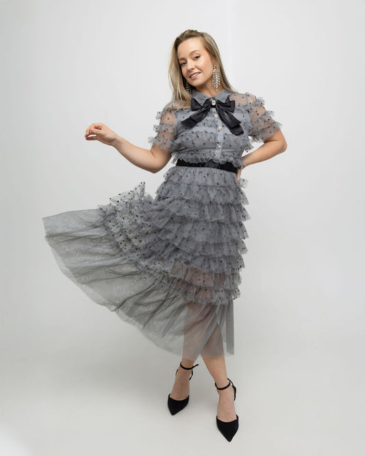 Chic French Bow-Adorned Mesh Slim Dress - Soleil et étoiles
