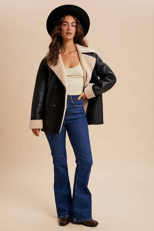VEGAN FAUX LEATHER SHEARLING COAT