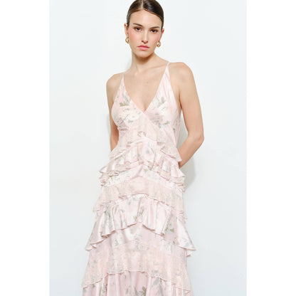Romantic Floral Silk Lace Trim Tiered Maxi Dress