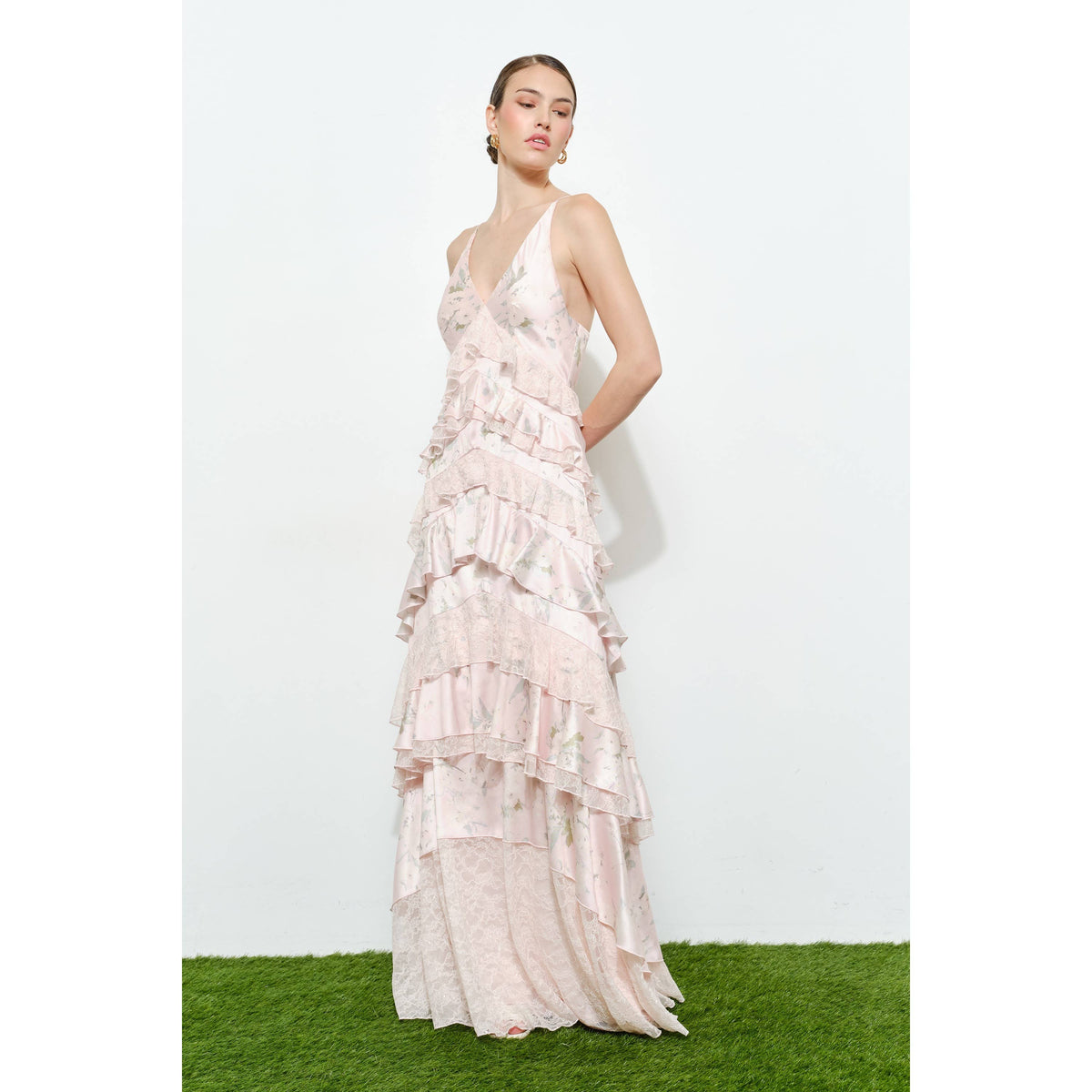 Romantic Floral Silk Lace Trim Tiered Maxi Dress