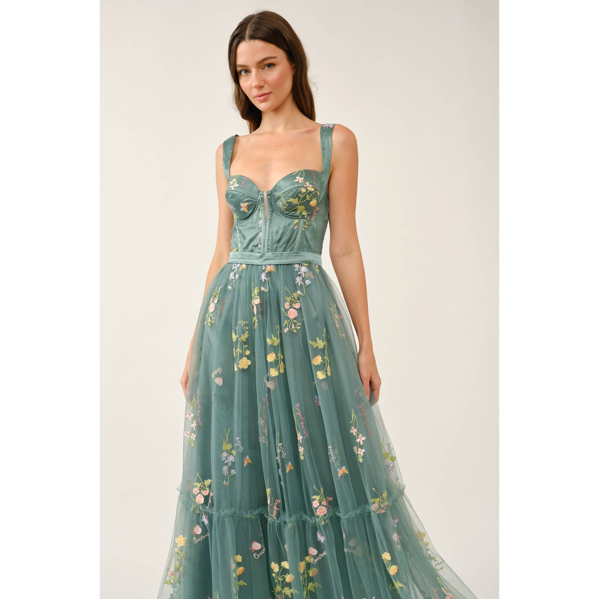 Floral Embroidered Tulle Corset Tiered Maxi Dress