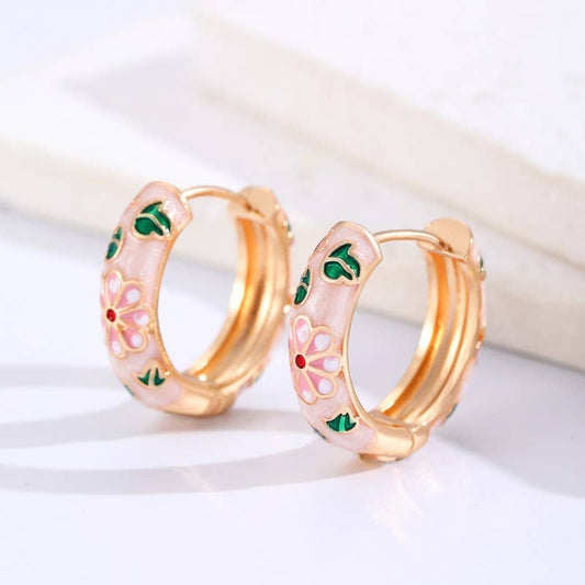 VINTAGE CLOISONNE ENAMEL FLORAL HOOP EARRINGS  | 40E358 - Soleil et étoiles