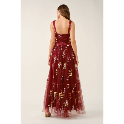 Floral Embroidered Tulle Corset Tiered Maxi Dress