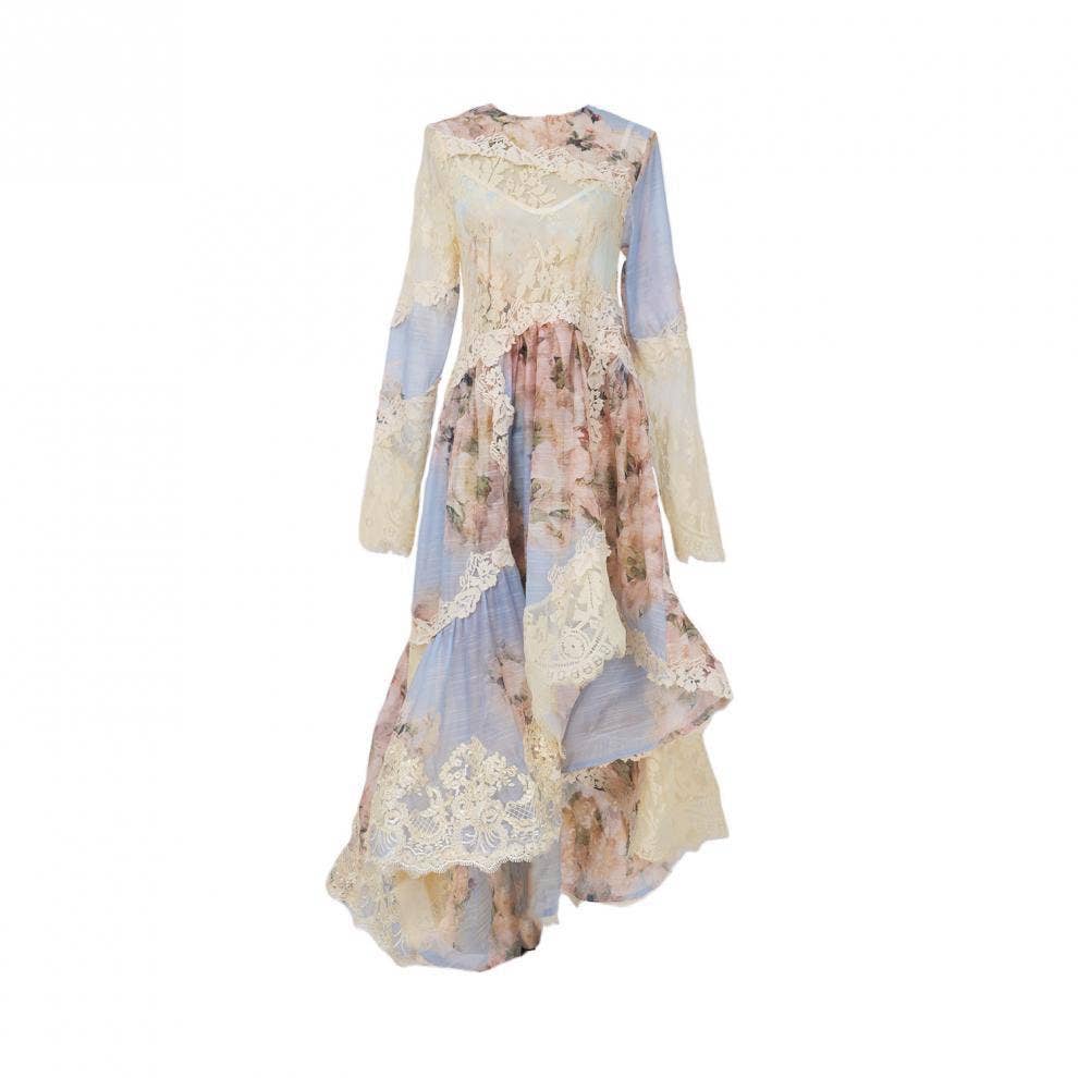 Floral Printed Long Lace Patchwork Dress - Soleil et étoiles