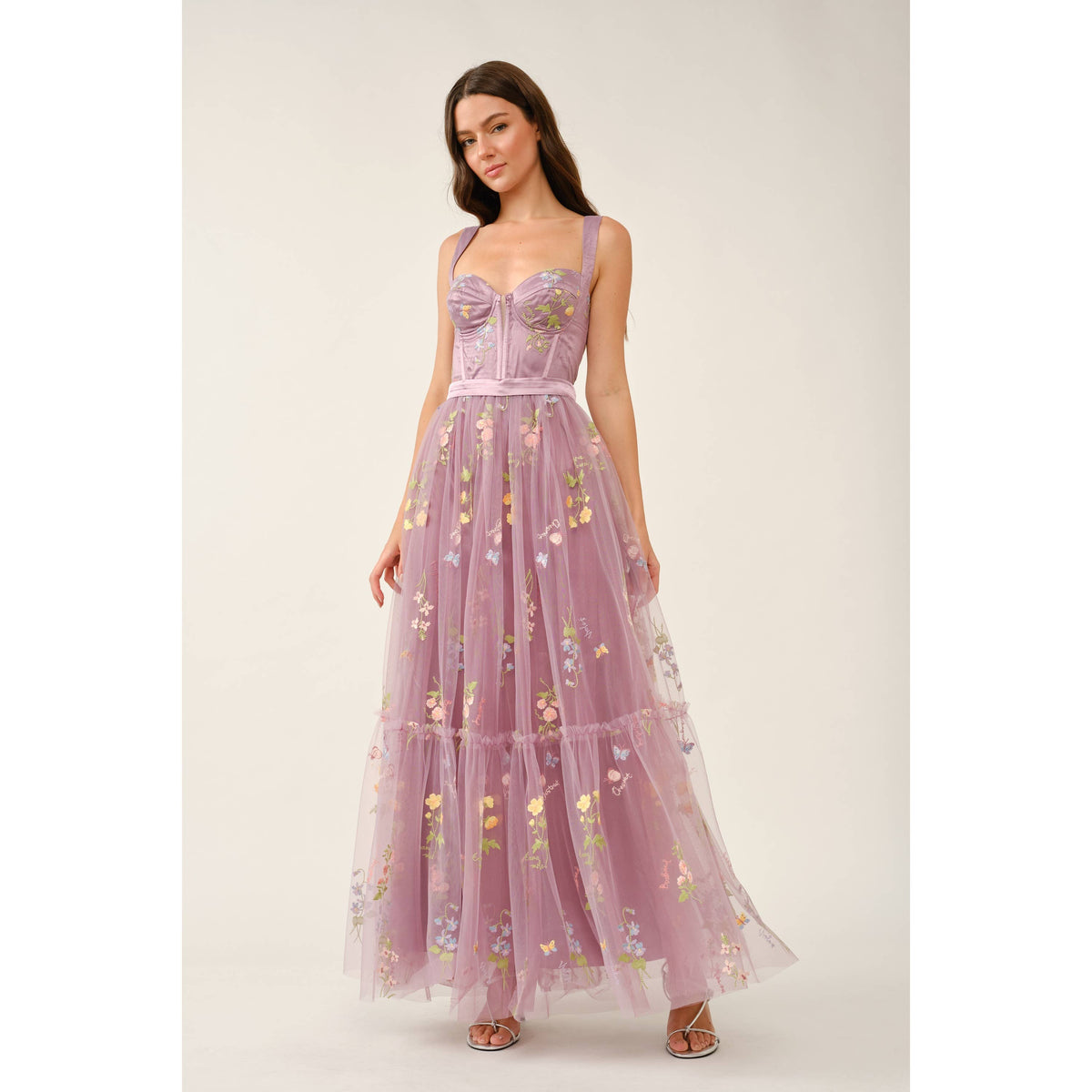 Floral Embroidered Tulle Corset Tiered Maxi Dress