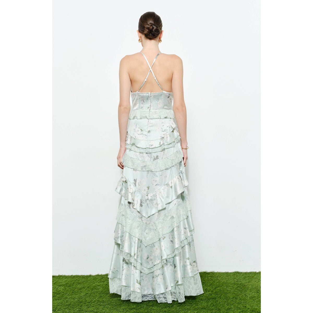 Romantic Floral Silk Lace Trim Tiered Maxi Dress