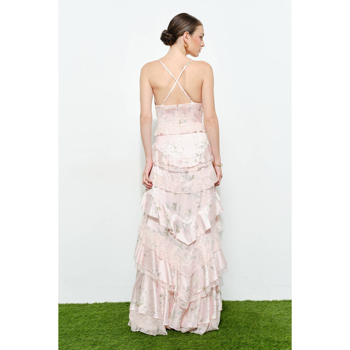 Romantic Floral Silk Lace Trim Tiered Maxi Dress
