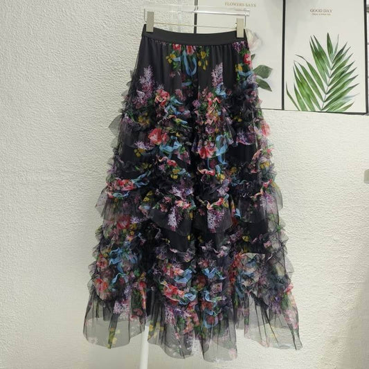 Colorful Floral Mesh Skirt with Irregular Stitching: Black - Soleil et étoiles