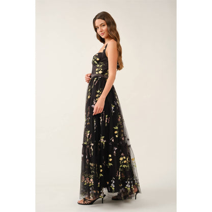 Floral Embroidered Tulle Corset Tiered Maxi Dress