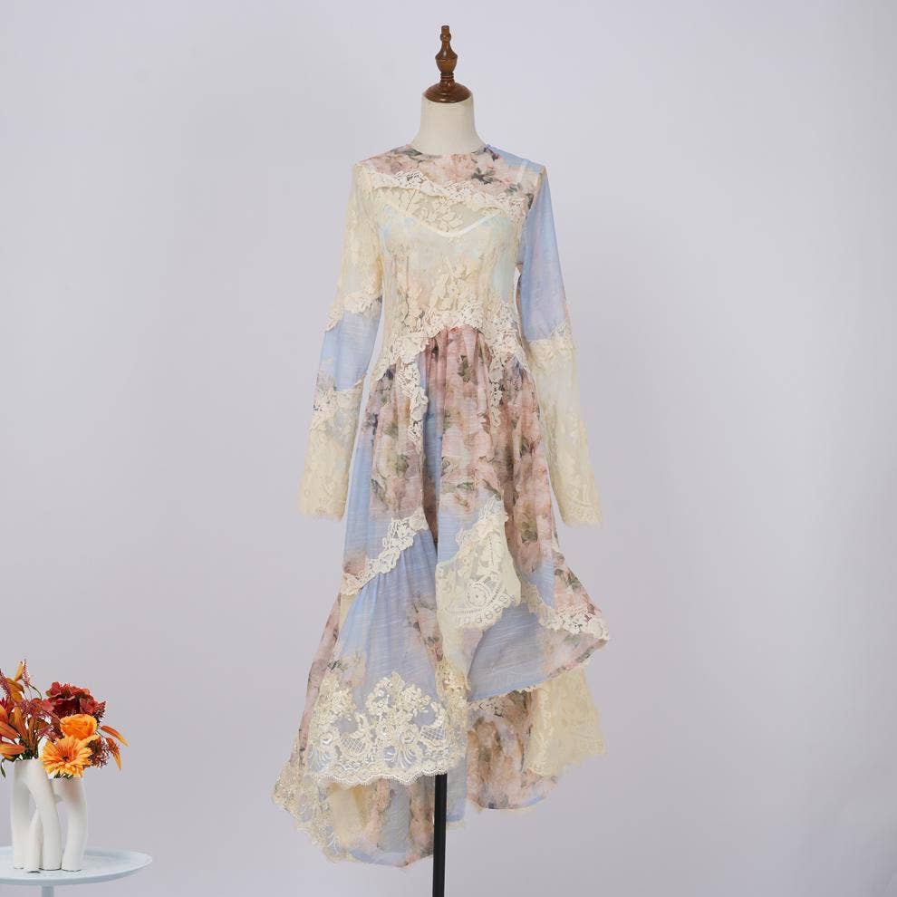 Floral Printed Long Lace Patchwork Dress - Soleil et étoiles