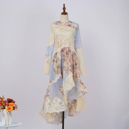 Floral Printed Long Lace Patchwork Dress - Soleil et étoiles