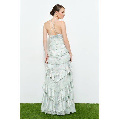 Romantic Floral Silk Lace Trim Tiered Maxi Dress
