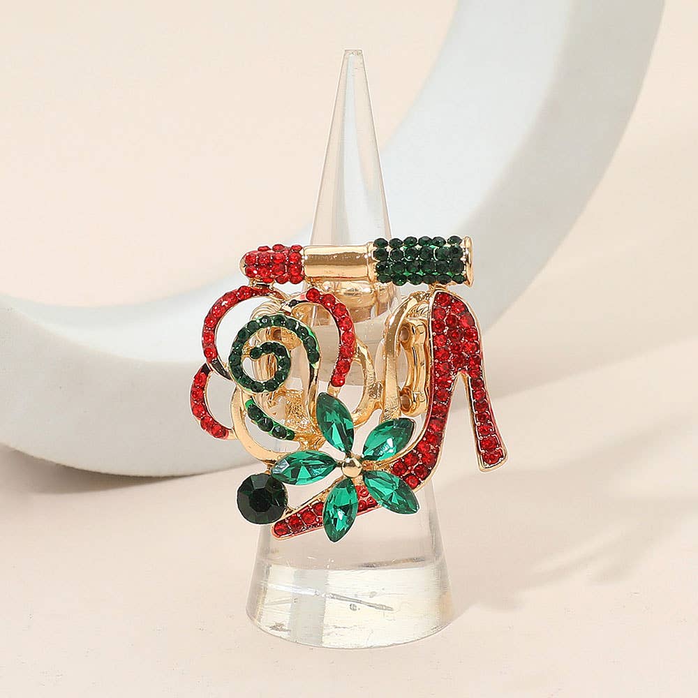 Rhinestone Pave High Heel Flower Lipstick Stretch Ring - Soleil et étoiles